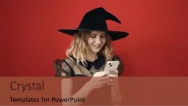  Presentation with costume - PPT theme enhanced with young-blonde-woman-wearing-witch background and a tawny brown colored foreground