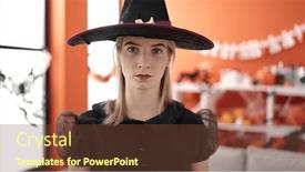  Presentation with costume - Slide deck consisting of young-blonde-woman-wearing-witch background and a tawny brown colored foreground