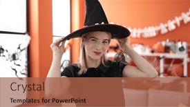  Presentation with costume - Presentation having young-blonde-woman-wearing-witch background and a red colored foreground
