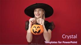  Presentation with costume - Presentation theme consisting of young-blonde-woman-wearing-witch background and a tawny brown colored foreground