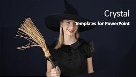  Presentation with costume - Presentation theme having young-blonde-woman-wearing-witch background and a wine colored foreground