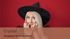  Presentation with costume - PPT theme featuring young-blonde-woman-wearing-witch background and a  colored foreground