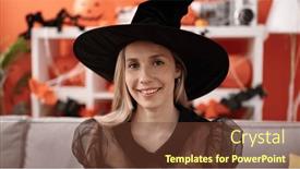  Presentation with costume - PPT theme consisting of young-blonde-woman-wearing-witch background and a tawny brown colored foreground