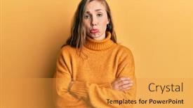  Presentation with woman crying - Slide set having young-blonde-woman-with-arms background and a gold colored foreground