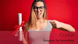  Presentation with diploma - PPT layouts featuring young-blonde-woman-with-blue background and a red colored foreground