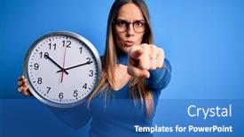  Presentation with minute - PPT theme featuring young-blonde-woman-with-blue background and a teal colored foreground