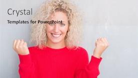  Presentation with curly hair - Amazing PPT layouts having young blonde woman with curly hair over grunge grey background celebrating surprised and amazed for success with arms raised and open eyes winner concept backdrop and a soft green colored foreground