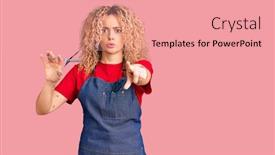  Presentation with barber - Slide deck with young-blonde-woman-with-curly background and a coral colored foreground