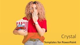  Presentation with popcorn - Amazing PPT theme having young-blonde-woman-with-curly backdrop and a yellow colored foreground
