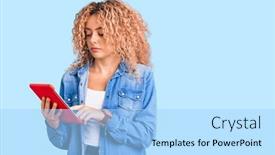  Presentation with curly hair - Slides with young-blonde-woman-with-curly background and a light blue colored foreground