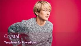  Presentation with back pain - PPT theme with young-blonde-woman-with-modern background and a violet colored foreground