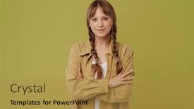  Presentation with green - Slides having young-blonde-woman-with-pigtails background and a gold colored foreground