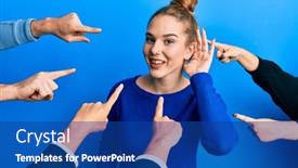  Presentation with hearing - Beautiful presentation theme featuring young-blonde-woman-with-pointing backdrop and a ocean colored foreground