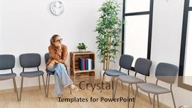  Presentation with waiting room - Slide set enhanced with young-blonde-woman-with-serious background and a coral colored foreground