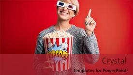  Presentation with movie popcorn - PPT theme with young-blonde-woman-with-short background and a red colored foreground