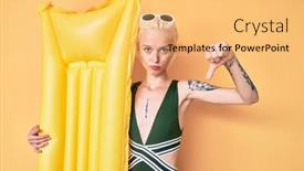 Presentation with matress - Colorful presentation design enhanced with young-blonde-woman-with-tattoo backdrop and a yellow colored foreground