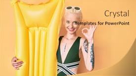  Presentation with matress - Colorful presentation design enhanced with young-blonde-woman-with-tattoo backdrop and a yellow colored foreground