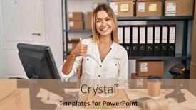  Presentation with ecommerce - Slides having young-blonde-woman-working background and a coral colored foreground