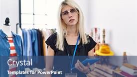  Presentation with working - PPT theme featuring young-blonde-woman-working background and a ocean colored foreground