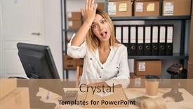  Presentation with working - Presentation theme consisting of young-blonde-woman-working background and a coral colored foreground