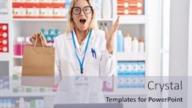  Presentation with paper bag - Presentation design enhanced with young-blonde-woman-working background and a light gray colored foreground