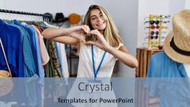  Presentation with boutique - Slide set featuring young-blonde-woman-working background and a  colored foreground