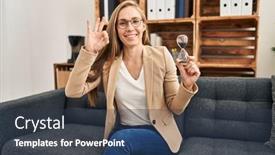  Presentation with sand clock - Presentation design featuring young-blonde-woman-working background and a tawny brown colored foreground