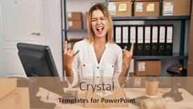  Presentation with music business - PPT theme with young-blonde-woman-working background and a coral colored foreground