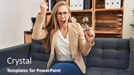  Presentation with sand clock - Presentation having young-blonde-woman-working background and a tawny brown colored foreground