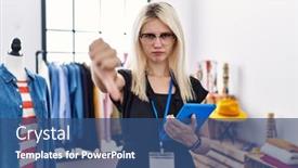  Presentation with boutique - PPT theme consisting of young-blonde-woman-working background and a  colored foreground