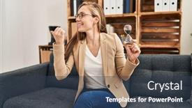  Presentation with sand clock - Presentation enhanced with young-blonde-woman-working background and a ocean colored foreground