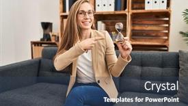 Presentation with sand clock - Presentation theme consisting of young-blonde-woman-working background and a ocean colored foreground