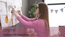  Presentation with corkboard - PPT theme consisting of young-blonde-woman-working background and a violet colored foreground