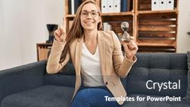  Presentation with sand clock - Presentation design consisting of young-blonde-woman-working background and a ocean colored foreground