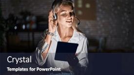  Presentation with hearing - Theme enhanced with young-blonde-woman-working background and a navy blue colored foreground