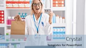  Presentation with paper bag - PPT theme consisting of young-blonde-woman-working background and a light blue colored foreground