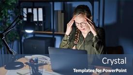  Presentation with migraine - PPT layouts consisting of young-blonde-woman-working background and a ocean colored foreground