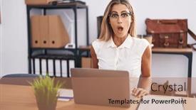  Presentation with young students working in groups - PPT theme with young-blonde-woman-working background and a coral colored foreground