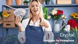  Presentation with self - Slide set featuring young-blonde-woman-working background and a ocean colored foreground