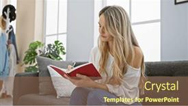  Presentation with red grey - Presentation design consisting of young-blonde-woman-writing background and a coral colored foreground