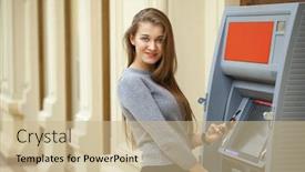  Presentation with atm - Colorful PPT layouts enhanced with young blonde woman in a red coat with a phone in his hand on the background of the mall atm backdrop and a coral colored foreground