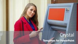  Presentation with atm - Beautiful PPT theme featuring young blonde woman in a red coat withdraw cash from an atm in a shopping center backdrop and a gray colored foreground