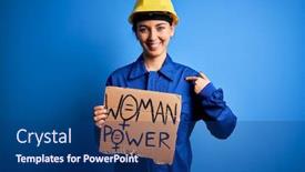  Presentation with women rights - Colorful presentation theme enhanced with young-blonde-worker-woman-asking backdrop and a ocean colored foreground