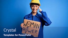  Presentation with women rights - Audience pleasing PPT theme consisting of young-blonde-worker-woman-asking backdrop and a ocean colored foreground