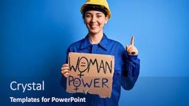  Presentation with women rights - Presentation theme enhanced with young-blonde-worker-woman-asking background and a ocean colored foreground