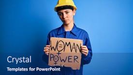  Presentation with women rights - Amazing PPT theme having young-blonde-worker-woman-asking backdrop and a ocean colored foreground