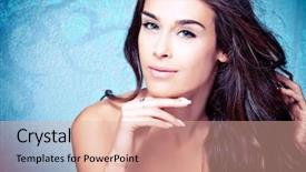  Presentation with blue eyes - PPT layouts consisting of young blue eyes brunette beauty background and a coral colored foreground