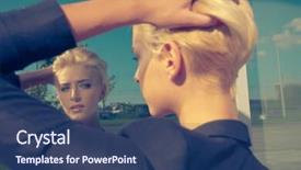  Presentation with look - Audience pleasing presentation design consisting of young blue eyes woman with trendy short blonde hair in black blazer look at own reflection in window outdoor shot backdrop and a ocean colored foreground