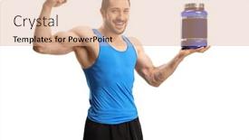  Presentation with flexing - Presentation consisting of young bodybuilder holding a pack of protein powder and flexing bicep muscle isolated on white background background and a coral colored foreground