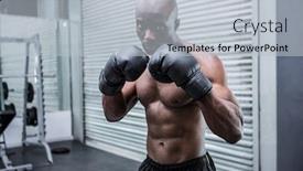  Presentation with crossfit - Cool new slide set with young bodybuilder posing in front of the camera in the crossfit gym backdrop and a light gray colored foreground
